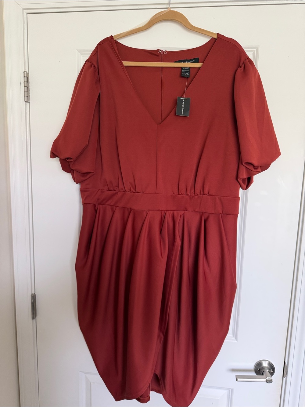 Ashley Stewart Burnt Orange V-Neck Puff Sleeve Midi Dress